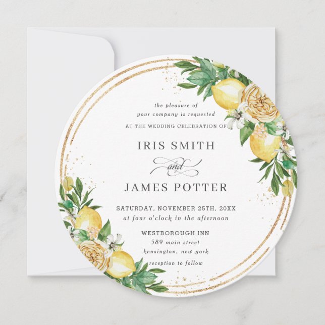 Invitación Moda Lemon Floral Greenery Gold Boda (Anverso)