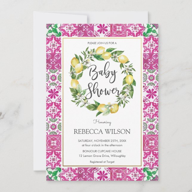 Invitación Moda Lemon Mediterráneo Baby Shower Chica rosa (Anverso)