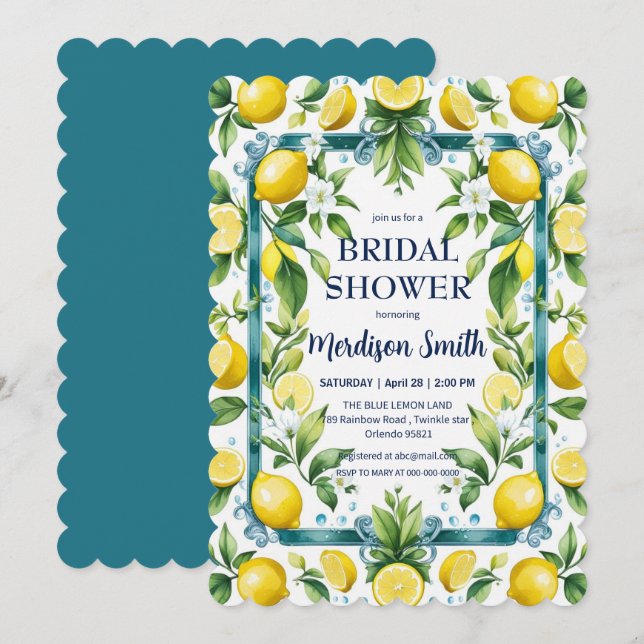Invitación Moda Lemon Mediterráneo verano ducha de novias (Anverso / Reverso)