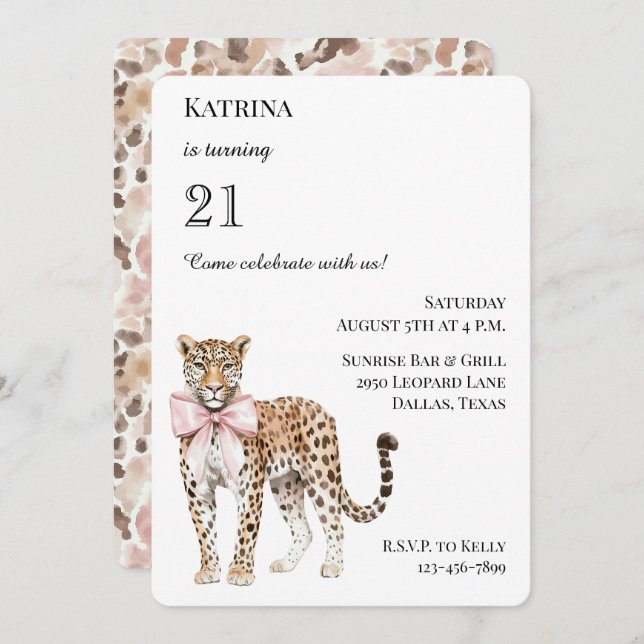 Invitación Moda Leopard Pink Bow Cumpleaños (Anverso / Reverso)