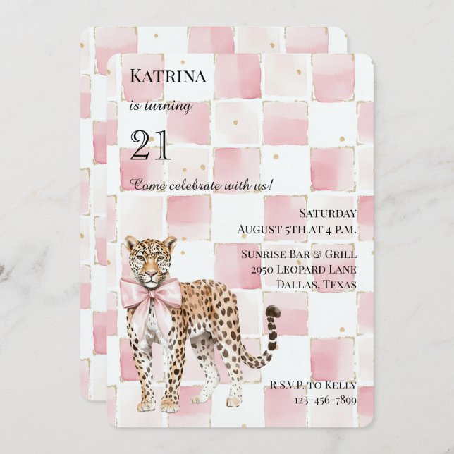Invitación Moda Leopard Pink Bow Quares Cumpleaños (Anverso / Reverso)