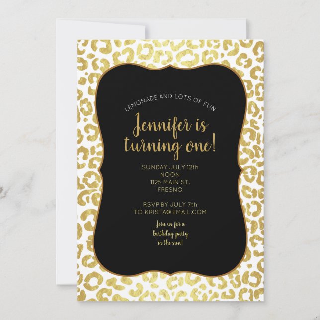 Invitación Moda Leopardo Blanco Oro Moderno Jaguar Cheetah    (Anverso)