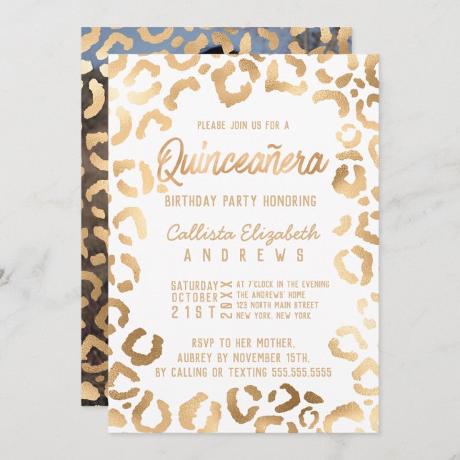 Invitación Moda Leopardo Quinceañera de oro blanco (Anverso / Reverso)