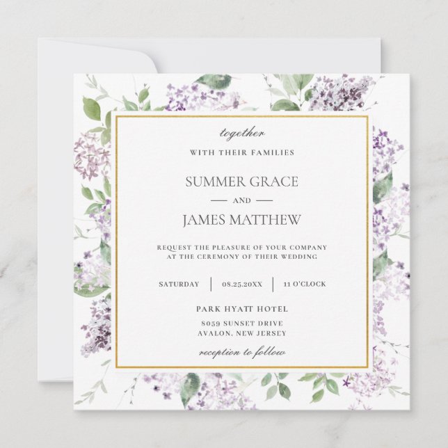 Invitación Moda Lilac Púrpura Floral Verde Boda Plaza (Anverso)