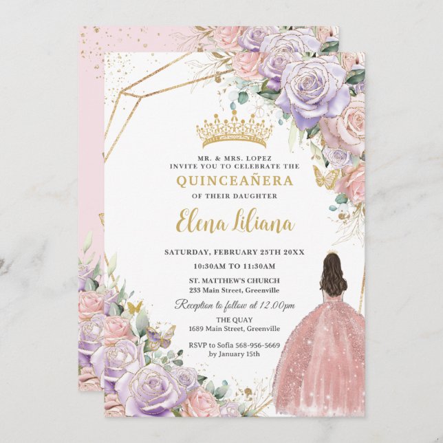 Invitación Moda Lilac Rosas Florales Rosa Quinceanera Dulce 1 (Anverso / Reverso)