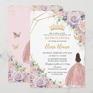 Invitación Moda Lilac Rosas Florales Rosa Quinceanera Dulce 1