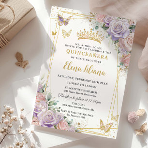 Invitación Moda Lilac Rubor Rosas Florales Quinceanera Sweet 
