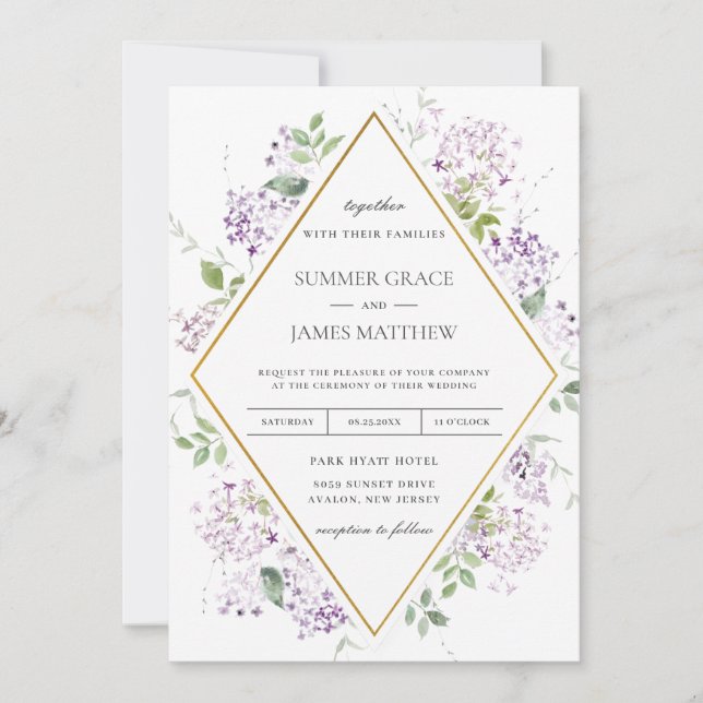Invitación Moda Lilac suave Boda de vegetación floral púrpura (Anverso)