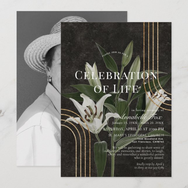 Invitación Moda Lilies Celebración del Monumento al Funeral d (Anverso / Reverso)