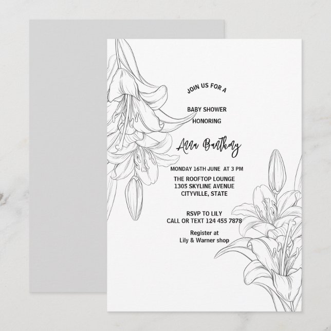 Invitación moda líneas de dibujo lirio florido ducha bebé (Anverso / Reverso)