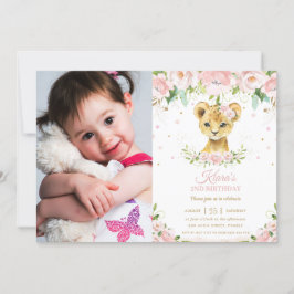 Invitación Moda Lion Cub Rubor Floral Rosa Primer cumpleaños 