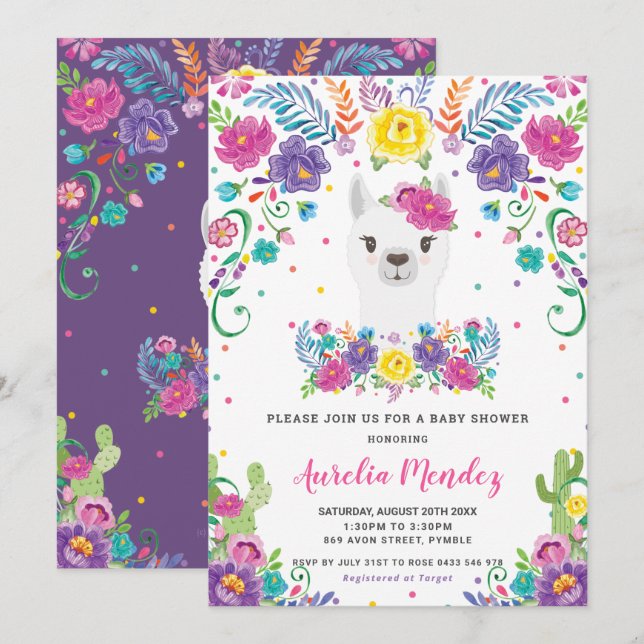 Invitación Moda Llama Chica de Baby Shower floral mexicano (Anverso / Reverso)