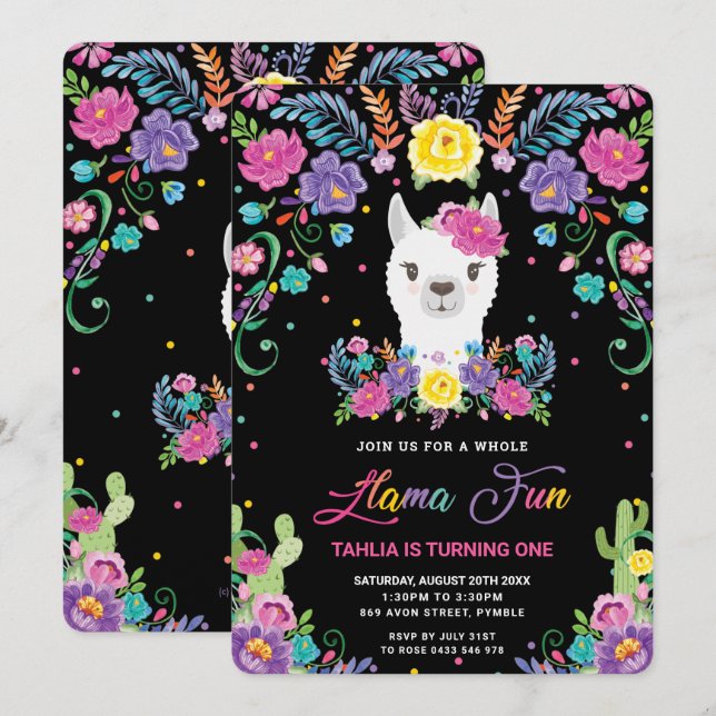 Invitación Moda Llama Fun Floral Mexicana Primer Fiesta de cu (Anverso / Reverso)