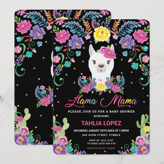 Invitación Moda Llama Mama Chica de Baby Shower floral mexica (Anverso / Reverso)