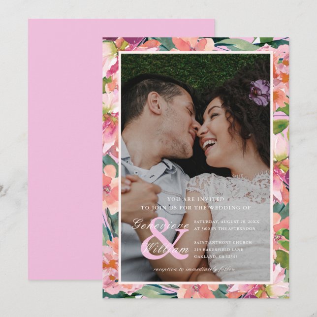 Invitación Moda Magenta Boda de fotografía floral rosa (Anverso / Reverso)