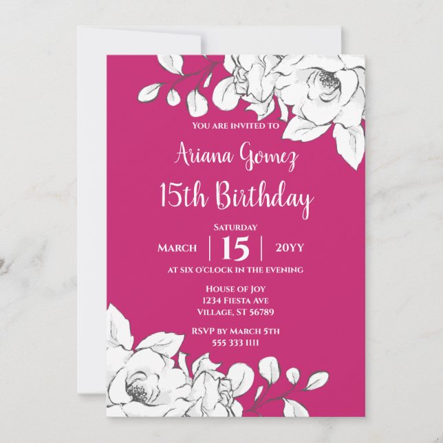 Invitación Moda Magenta moderna Floral blanca 15º cumpleaños (Anverso)
