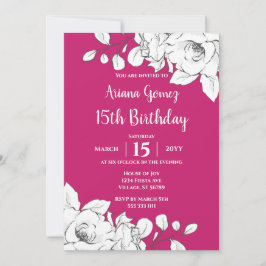 Invitación Moda Magenta moderna Floral blanca 15º cumpleaños