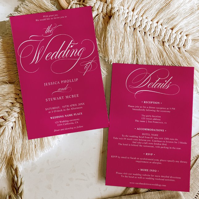 Invitación Moda magenta todo en un boda de caligrafía (Chic magenta all in one calligraphy wedding invitation)