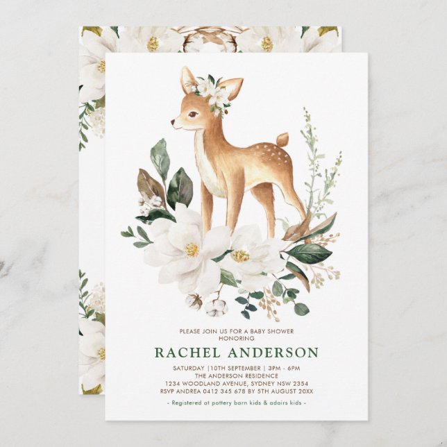 Invitación Moda Magnolia Woodland Deer Neutral Baby Shower (Anverso / Reverso)