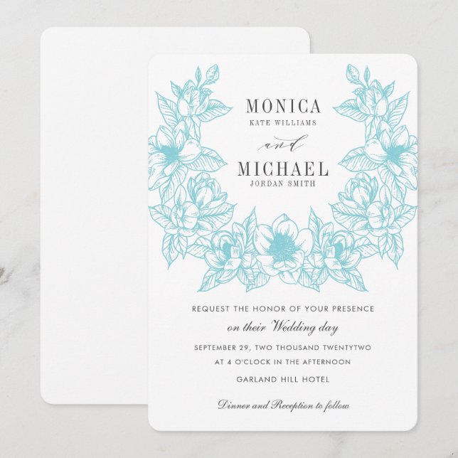 Invitación Moda Magnolia Wreath | Azul pálido | BODA (Anverso / Reverso)
