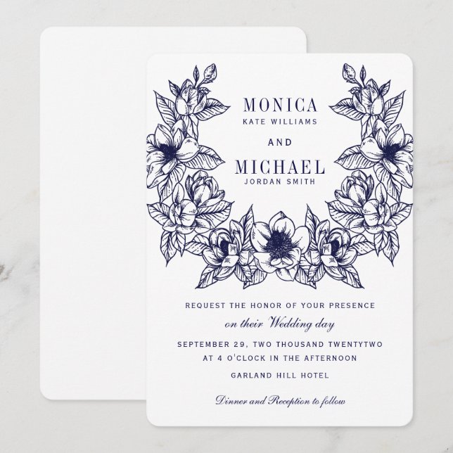 Invitación Moda Magnolia Wreath | Boda azul de la Marina (Anverso / Reverso)