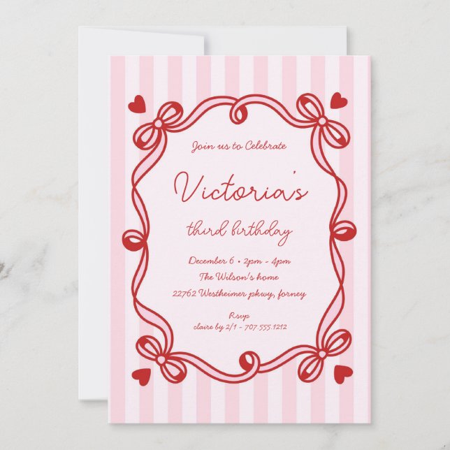 Invitación Moda Mano dibujada Bow Cumpleaños (Anverso)