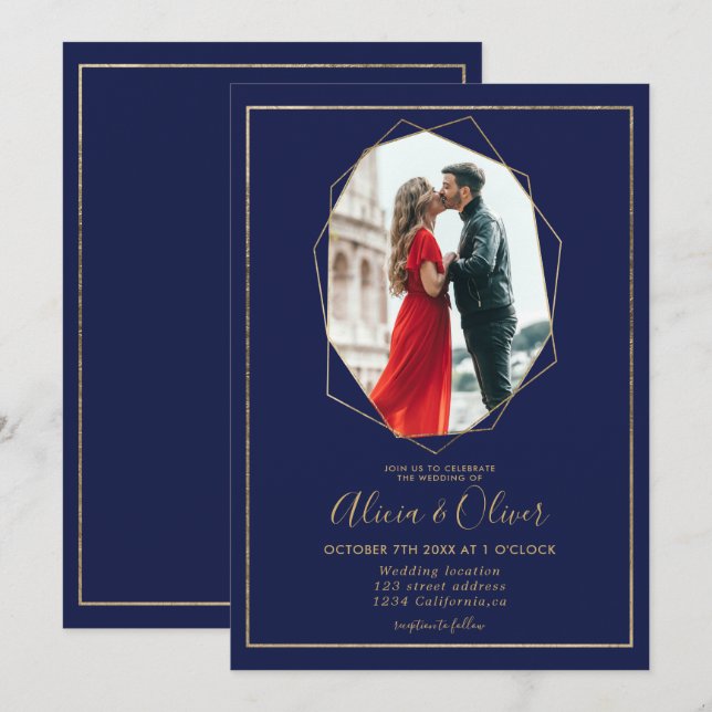 Invitación Moda marco dorado terrario boda de fotos azul mari (Anverso / Reverso)