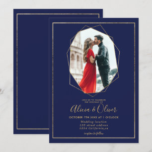 Invitación Moda marco dorado terrario boda de fotos azul mari