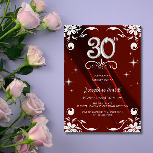 Invitación Moda Marco floral plateado Borgoña 30 cumpleaños