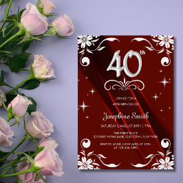 Invitación Moda Marco floral plateado Borgoña 40 cumpleaños