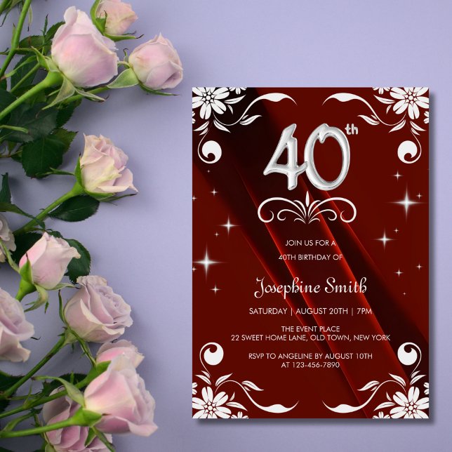 Invitación Moda Marco floral plateado Borgoña 40 cumpleaños (Subido por el creador)
