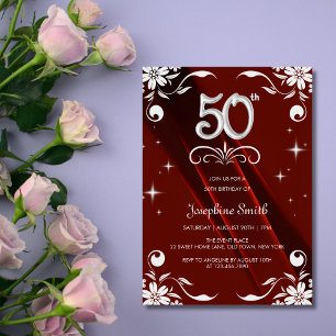Invitación Moda Marco floral plateado Borgoña 50 cumpleaños