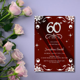 Invitación Moda Marco floral plateado Borgoña 60 cumpleaños