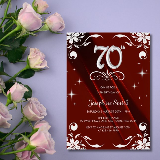 Invitación Moda Marco floral plateado Borgoña 70 cumpleaños (Subido por el creador)