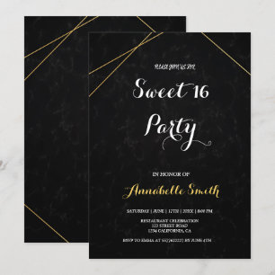 Invitación Moda Marco geométrico negro y dorado dulce 16