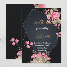 Invitación Moda Marco geométrico negro y oro guardar la fecha