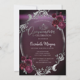 Invitación Moda Marco plateado Rosas de Borgoña Quinceañera
