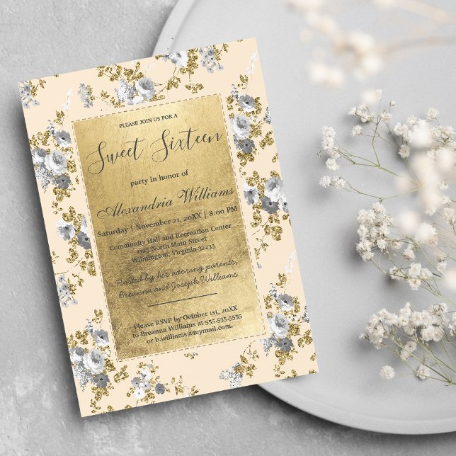 Invitación Moda marfil gris oro purpurina floral Sweet 16 Inv (Chic ivory gray gold glitter floral Sweet 16 )