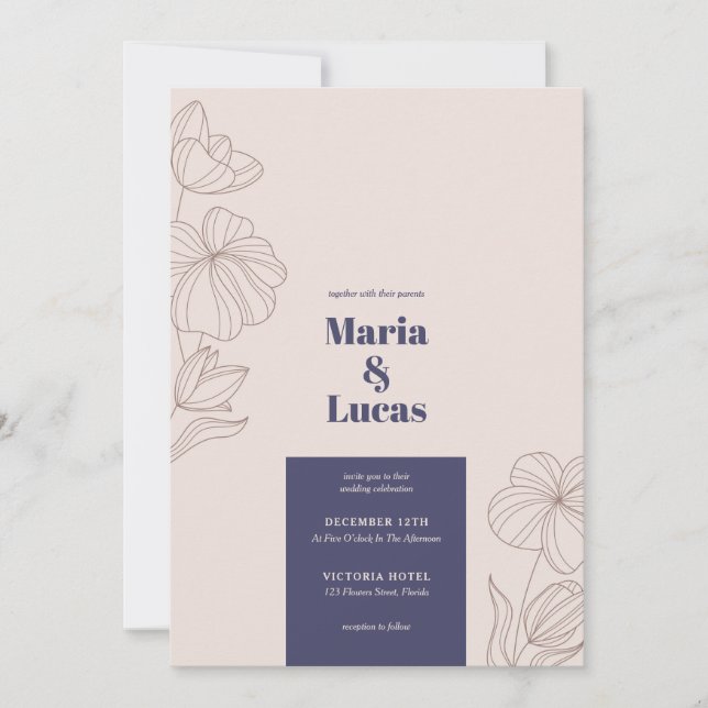 Invitación Moda marina beige marrón floral negrita boda de ti (Anverso)