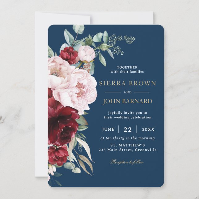 Invitación Moda Marina Borgoña Rubor Peonies Boda de flores (Anverso)