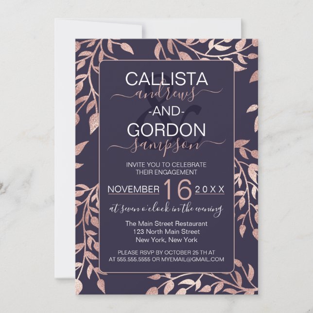 Invitación Moda Marina Rosa Azul Oro Floral Leaves Compromiso (Anverso)