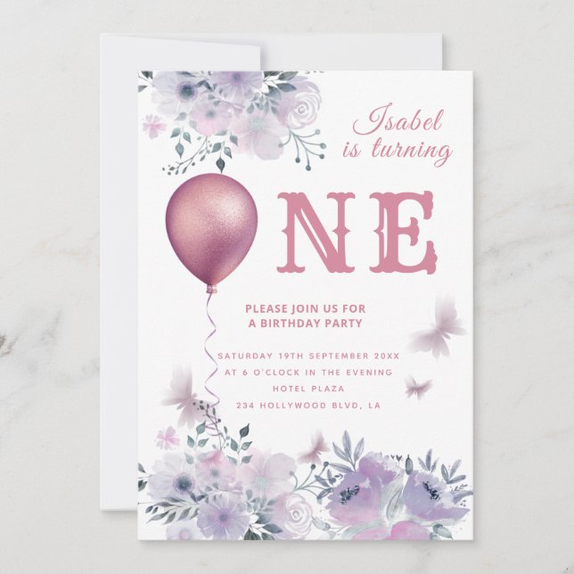 Invitación Moda Mariposa balón floral lila 1er cumpleaños I (Anverso)