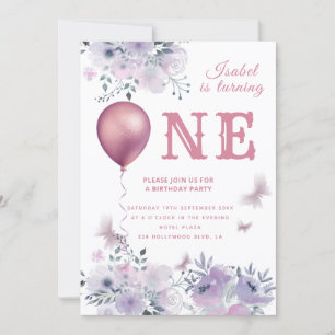 Invitación Moda Mariposa balón floral lila 1er cumpleaños I