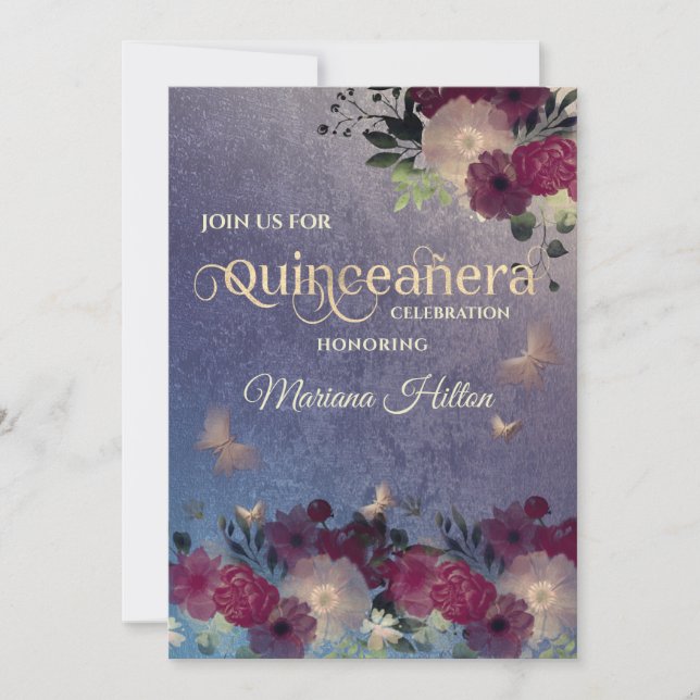Invitación Moda Mariposa florido jardín Quinceañera lavender (Anverso)