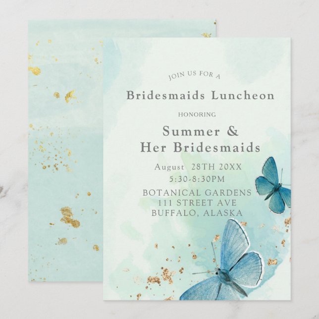 Invitación Moda Mariposas Azules Verde azuladas Bridesmaids L (Anverso / Reverso)