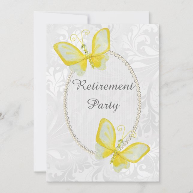 Invitación Moda Mariposas Damask Retirement Doble cara (Anverso)