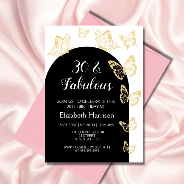 Invitación Moda Mariposas de Oro Negro Fabuloso Cumpleaños (Subido por el creador)