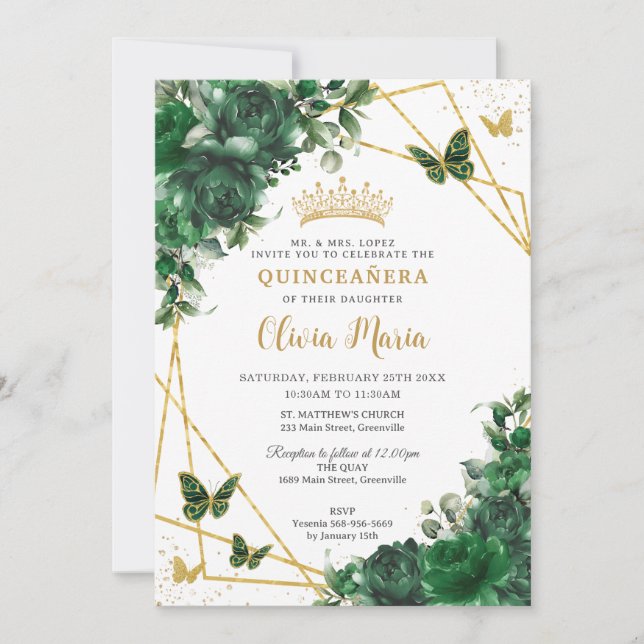 Invitación Moda Mariposas Florales Verdes Quinceañera (Anverso)