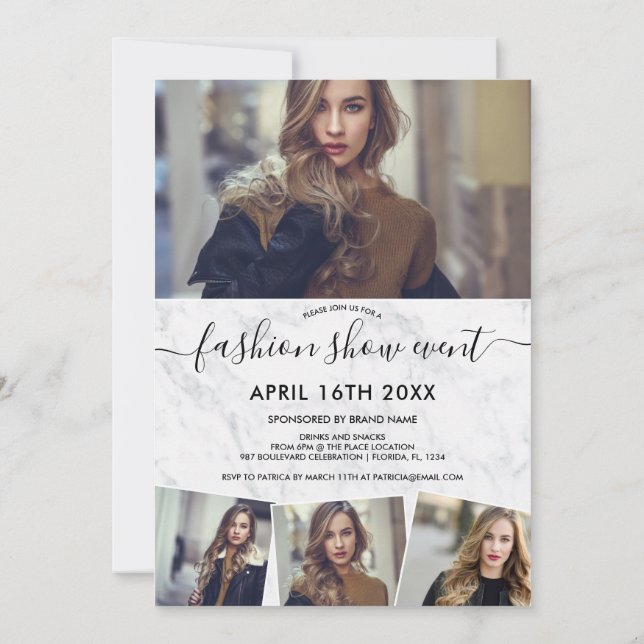 Invitación Moda mármol minimalista guión fotos de moda (Reverso)