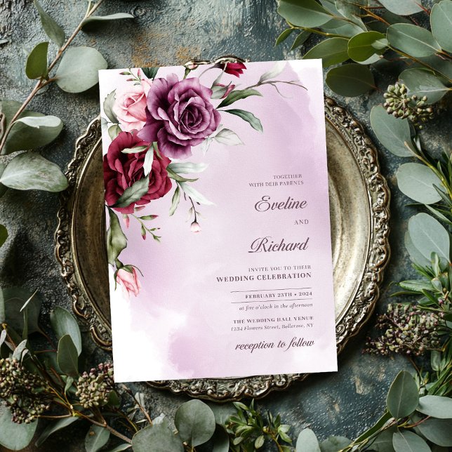 Invitación Moda marrón acuarela y rosas burdeos (Chic watercolor maroon and burgundy roses invitation)